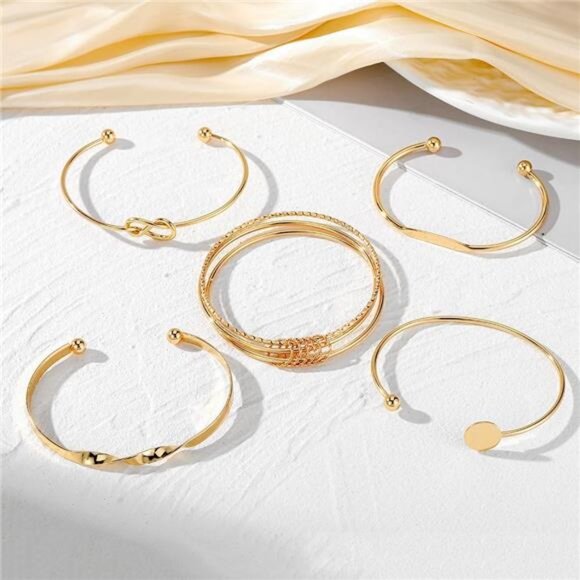 Gold Bangle Bracelets Set Stackable Open Adjustable Cuff Bracelets - Picture 4 of 6